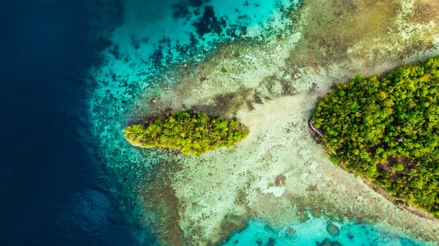 Drone, tropical island and ocean outdoors by jungle and nature travel for planet adventure. Aerial view, Raja Ampat and location in Indonesia for vacation, forest and sea or water for peace or calm.