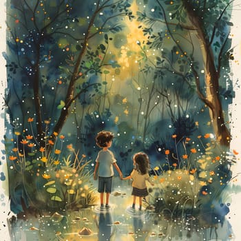 A boy and a girl are standing in a lush forest holding hands, surrounded by tall trees, sunlight streaming through the leaves. They seem happy, like a scene from a natureinspired painting