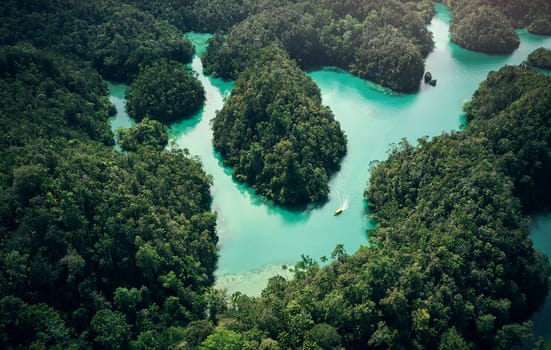 High angle, boat and Indonesian island with ocean, water and tropical forest for travel or adventure. Sea, nature and ecology with landscape, scenery and environmental tourism for sailing holiday.