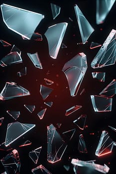Shattered automotive tire glass pieces, resembling an abstract art pattern, flying in electric blue against a black background