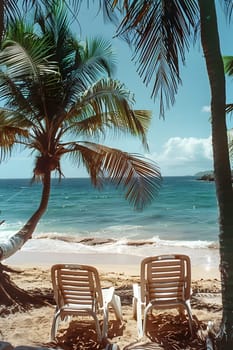 Two outdoor chairs sitting on a sandy beach with palm trees under a clear azure sky. The tranquil scene invites travel and relaxation