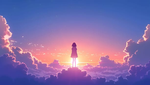 A girl stands amidst the clouds in the sky at dusk, surrounded by a violet afterglow. Her gesture blends with the natural landscape of water and atmosphere in the world