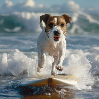 A carnivorous companion dog, from the Terrier dog breed, is riding a surfboard on the water amidst wind waves. It belongs to the Canidae family and is considered a toy dog