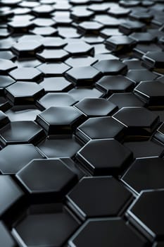 A detailed closeup of a black hexagon pattern on a metallic surface, possibly a composite material or automotive tire, with a grey background and an electric blue hue