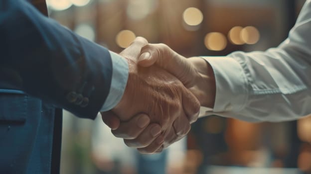 Two men shake hands in a business meeting.