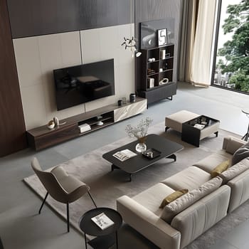 An aerial view of a living room in a house with a couch, chairs, coffee table, and television. The interior design includes hardwood flooring and cabinetry