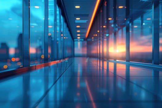 A long hallway with blue walls and blue floor tiles.