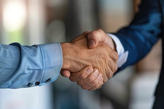 Two men shake hands in a business meeting. The man on the left is wearing a blue shirt and the man on the right is wearing a blue suit