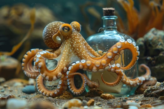 A bottle of liquid is next to a starfish and a letter.