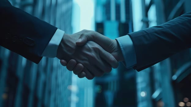 Two men shake hands in a business meeting.