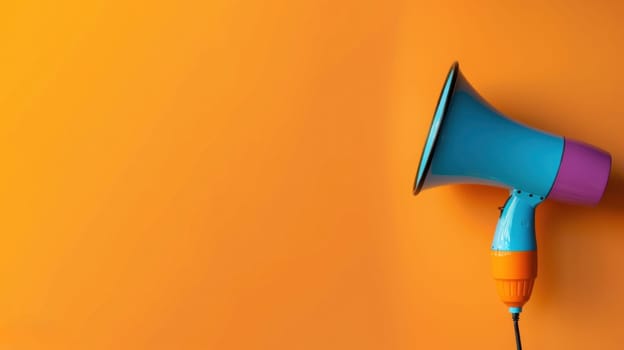 A blue megaphone is on a bright orange background. The megaphone is the main focus of the image, and the orange background adds a pop of color and contrast. Concept of excitement and energy