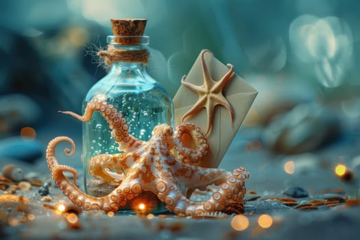 A bottle of liquid is next to a starfish and a letter. The scene is set on a beach with a blue sky in the background
