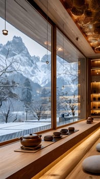 The room features a large glass window with a view of a snowy mountain, enhancing the interior design with a touch of nature and tranquility