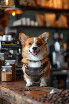 A dog is sitting on a counter in a coffee shop. The dog is wearing an apron and he is smiling