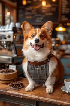 A dog is sitting on a counter in a coffee shop. The dog is wearing an apron and he is smiling