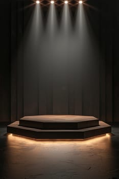 A stage with a spotlight on it. Scene is dramatic and intense