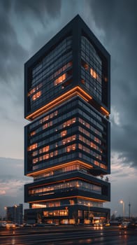A tall building with a lot of windows and a sign on the side. The building is lit up with a warm glow, giving it a welcoming and inviting appearance. The surrounding area is quiet