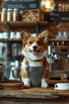 A dog is sitting on a counter in a coffee shop. The dog is wearing an apron and he is smiling