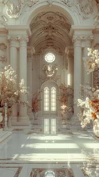A long narrow white room with a high ceiling and a large window. The room is decorated with gold and silver accents, giving it a luxurious and elegant feel