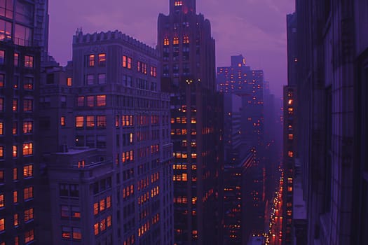 A cityscape with a blue sky and orange lights. The city is lit up and he is in a futuristic setting