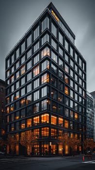 A tall building with a lot of windows and a sign on the side. The building is lit up with a warm glow, giving it a welcoming and inviting appearance. The surrounding area is quiet