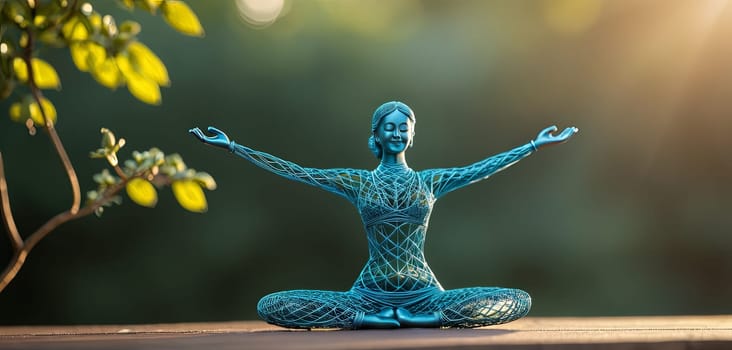 Woman in yoga pose, bent wire figure on nature backdrop, Creative figures symbol of tranquility, art and serenity intersection