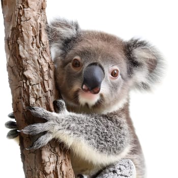 A marsupial koala with fur and whiskers is perched on a tree branch, staring at the camera. This terrestrial animal has a tail and a snout