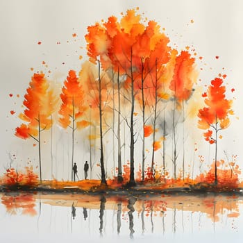 A watercolor painting capturing a natural landscape with orangeleaved trees. The branches are delicately depicted using liquid art paint, showcasing the beauty of nature in art