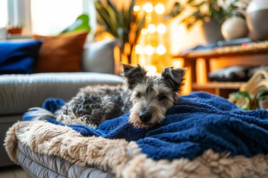 a dog sleep and curled up on a plush, royal blue blanket in living room. AI generative.