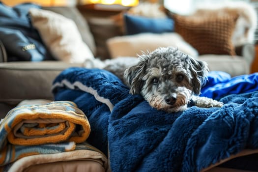 a dog sleep and curled up on a plush, royal blue blanket in living room. AI generative.