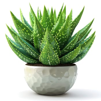 A houseplant, such as an Aloe Vera plant, in a rectangular flowerpot on a white background. The terrestrial plant has a thick plant stem and belongs to the flowering plant family