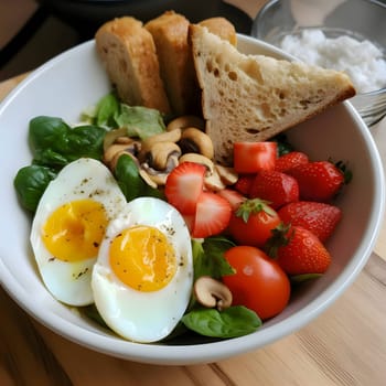 A bowl contains a combination of egg, strawberries, tomato, and bread, offering a unique and appetizing mix of flavors and textures.