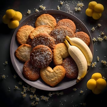 A plate features heart and circle-shaped cookies dusted with sugar, accompanied by mini bananas, creating a charming and delightful dessert arrangement.