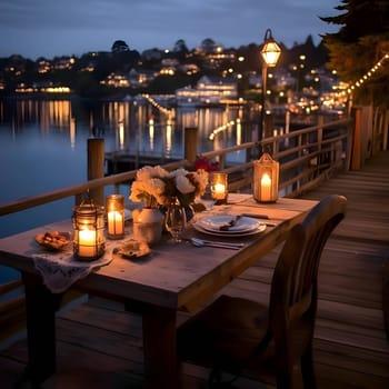 An elegantly decorated wooden table with burning candles sets a romantic ambiance. In the background, city lights reflect on the water, creating a picturesque evening scene.