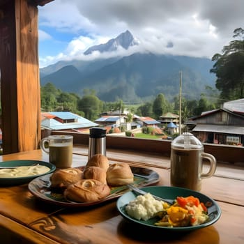 A table displays elegantly arranged dishes against a backdrop of majestic mountain ranges visible through the window, creating a stunning dining experience.