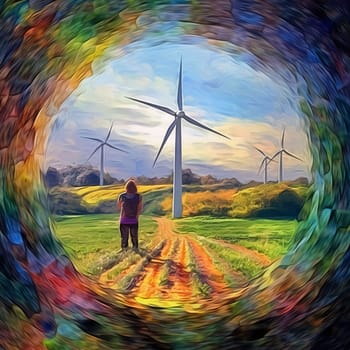 Earth Day: Digital painting of a woman standing in the middle of a field with wind turbines