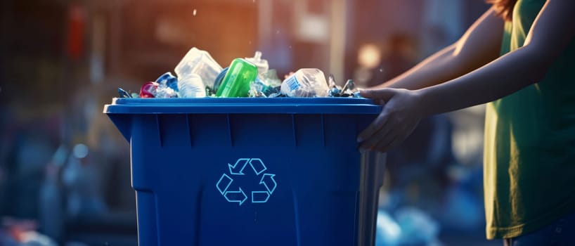 Earth Day: Close-up of woman throwing garbage into trash can in the city