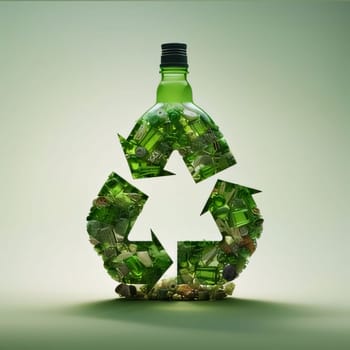 Earth Day: Recycling concept. Glass bottle with recycling symbol on green background