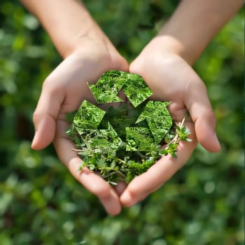 Earth Day: Hands holding green plant in form of recycle symbol on grass background