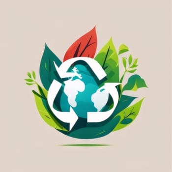 Earth Day: Recycle symbol with leaves and planet Earth. Vector illustration in flat style.