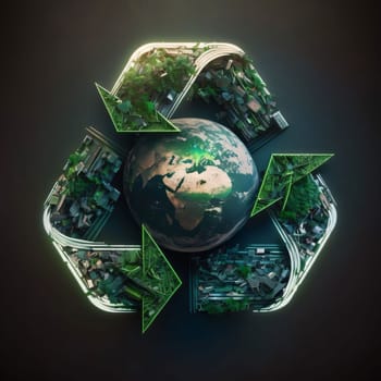 Earth Day: Recycling concept. Planet Earth with green arrows. 3D rendering