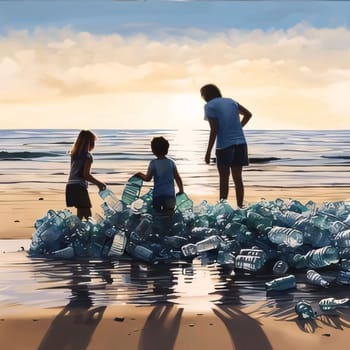 Earth Day: Silhouette of a family on the beach with plastic bottles.