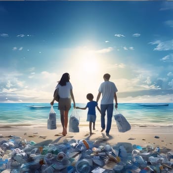 Earth Day: Environmental protection concept. Family on the beach with plastic bottles and trash