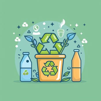 Earth Day: Plastic recycling concept. Vector illustration in flat line style. Isolated on green background.