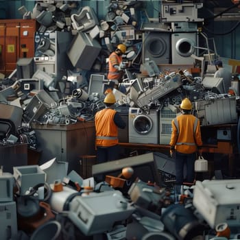 Earth Day: 3d render of industrial workers working in a waste recycling plant.