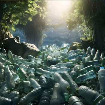 Earth Day: Plastic waste in the forest. Environmental pollution. Pollution of the environment.