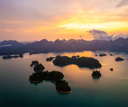 Aerial view of Khao Sok national park at sunrise, in Cheow lan lake, Surat Thani, Thailand, south east asia