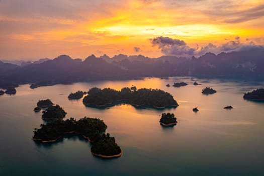 Aerial view of Khao Sok national park at sunrise, in Cheow lan lake, Surat Thani, Thailand, south east asia