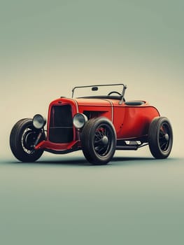 A sleek red hot rod with shiny wheels and black tires is parked on a clean white surface, showcasing its automotive design and exterior paint job