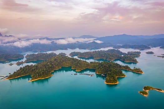 Aerial view of Khao Sok national park at sunrise, in Cheow lan lake, Surat Thani, Thailand, south east asia